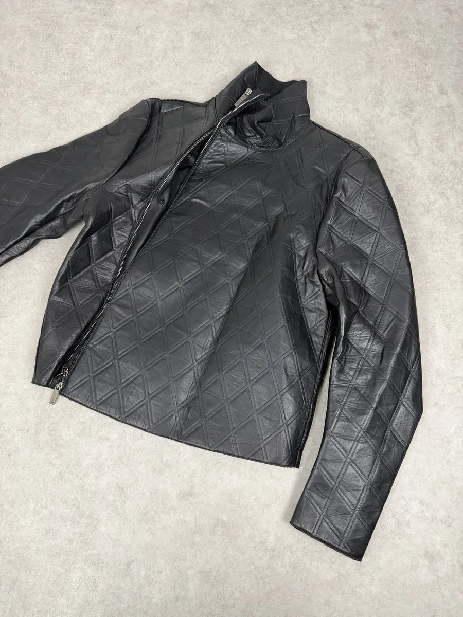 AW2013 Emporio Armani Black Asymmetrical Losange Leather Jacket OupnNbO 8