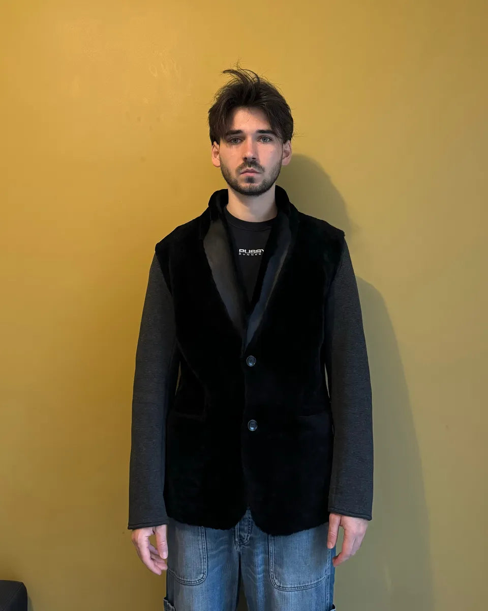 AW2013 Emporio Armani Lamb Shearling Black Hybride Blazer Jacket (L) kdQbxaB 3