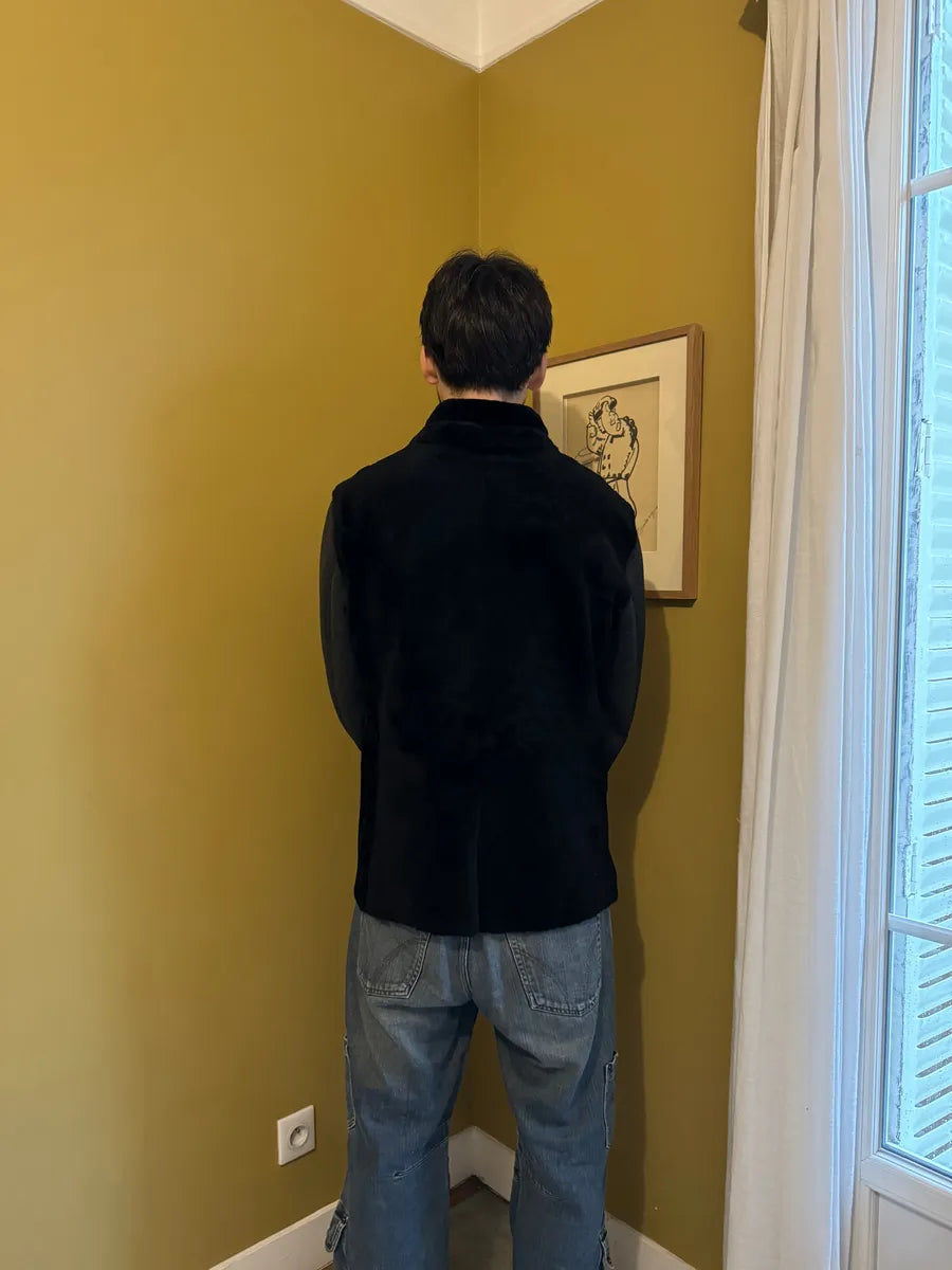 AW2013 Emporio Armani Lamb Shearling Black Hybride Blazer Jacket (L) kdQbxaB 4