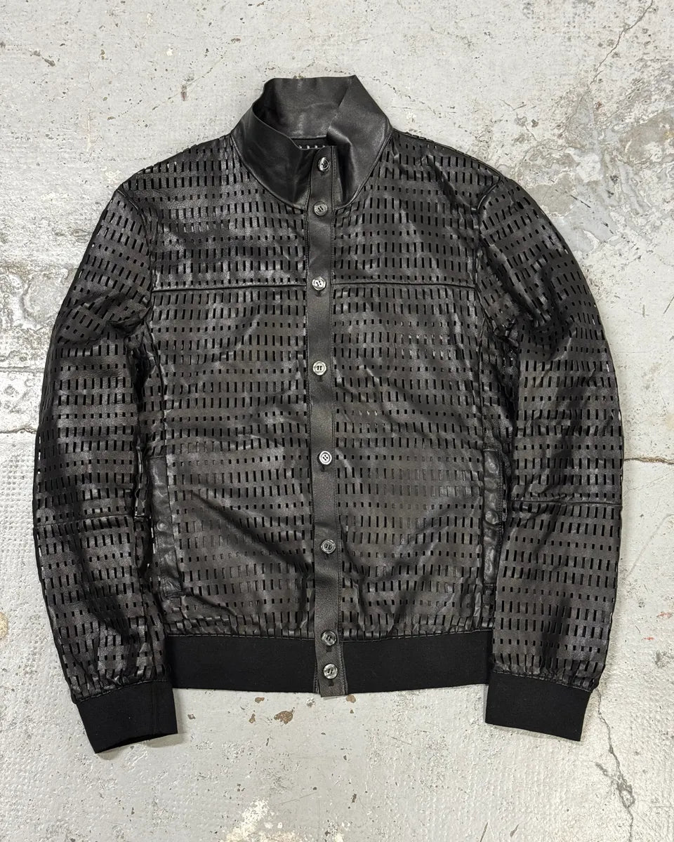 AW2013 Emporio Armani Perforated Black Leather Bomber Jacket LsdBjvo 0