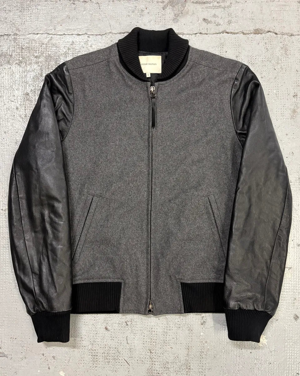 AW2013 Pierre Balmain Grey Wool & Leather Teddy Bomber Jacket WRAKpMH 0