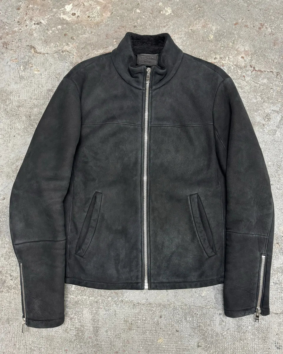 AW2013 Prada Pilot Bomber B3 Black Shearling Leather Jacket OueZrqp 0