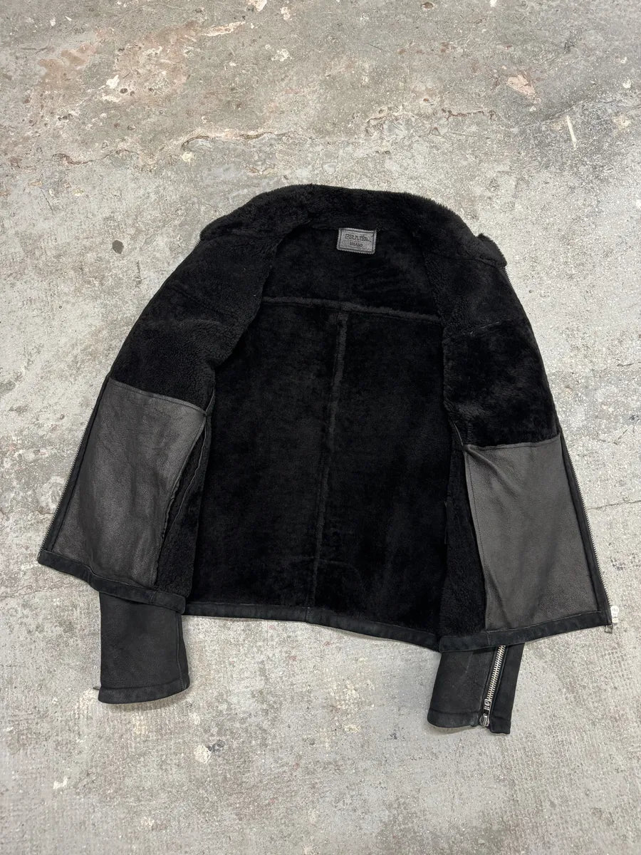 AW2013 Prada Pilot Bomber B3 Black Shearling Leather Jacket OueZrqp 14