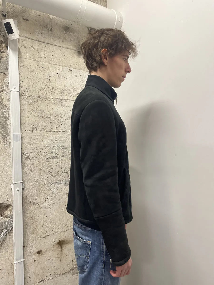 AW2013 Prada Pilot Bomber B3 Black Shearling Leather Jacket OueZrqp 4