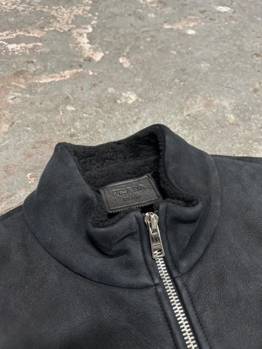 AW2013 Prada Pilot Bomber B3 Black Shearling Leather Jacket OueZrqp 8