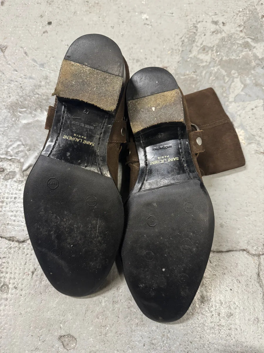 AW2013 Saint Laurent Wyatt Biker Brown Suede Leather Boots (42eu/us8.5) zLcbIVs 3