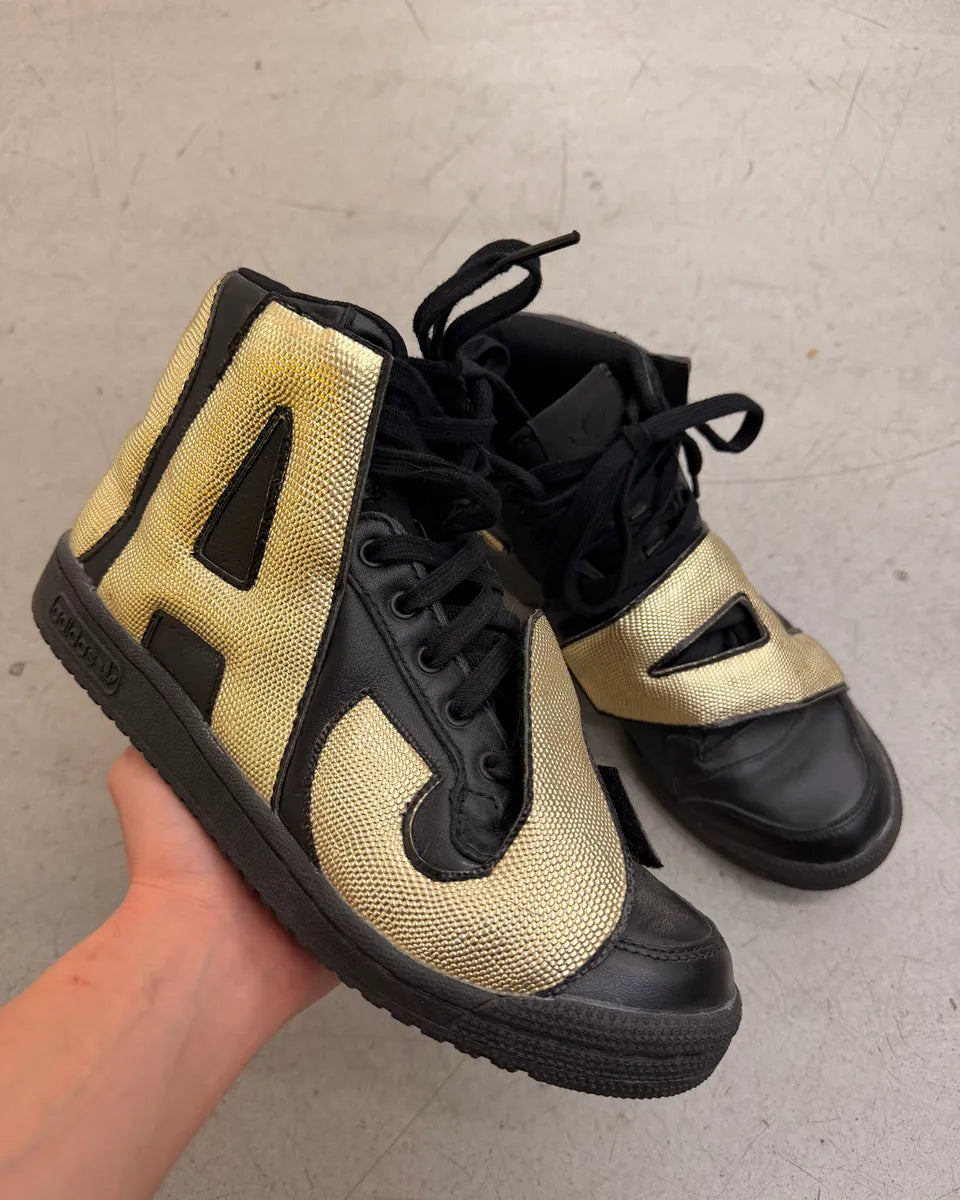 AW2014 Adidas Jeremy Scott Black Gold Leather JS Letters High Sneakers ByGvEhN 0