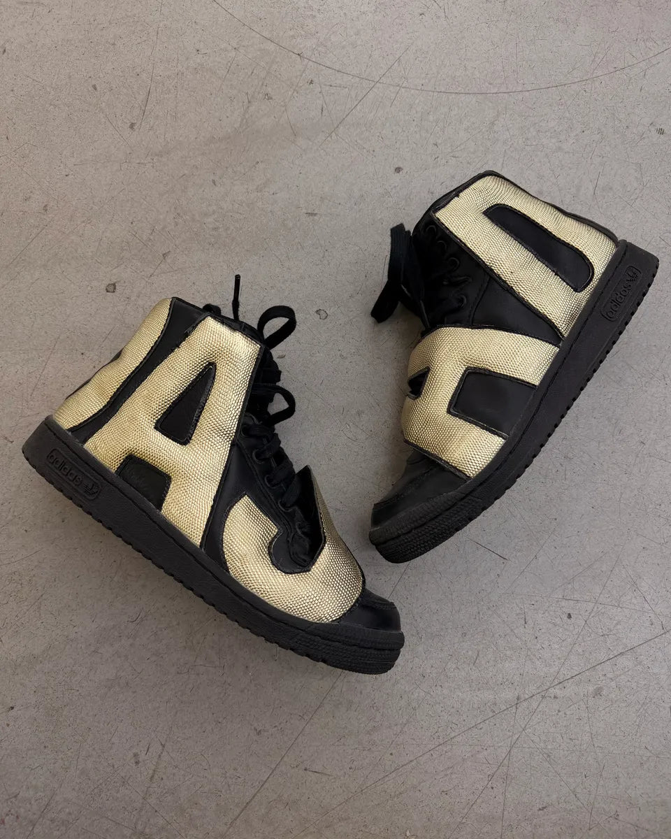AW2014 Adidas Jeremy Scott Black Gold Leather JS Letters High Sneakers ByGvEhN 1