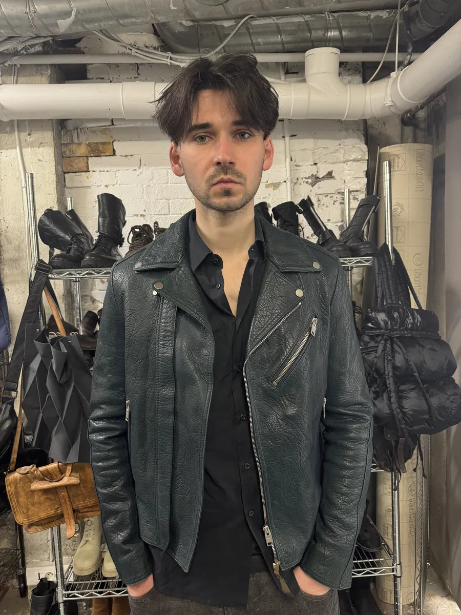 AW2014 Balenciaga Blue Biker Raw Lamb Leather Jacket fXyzRTi 3