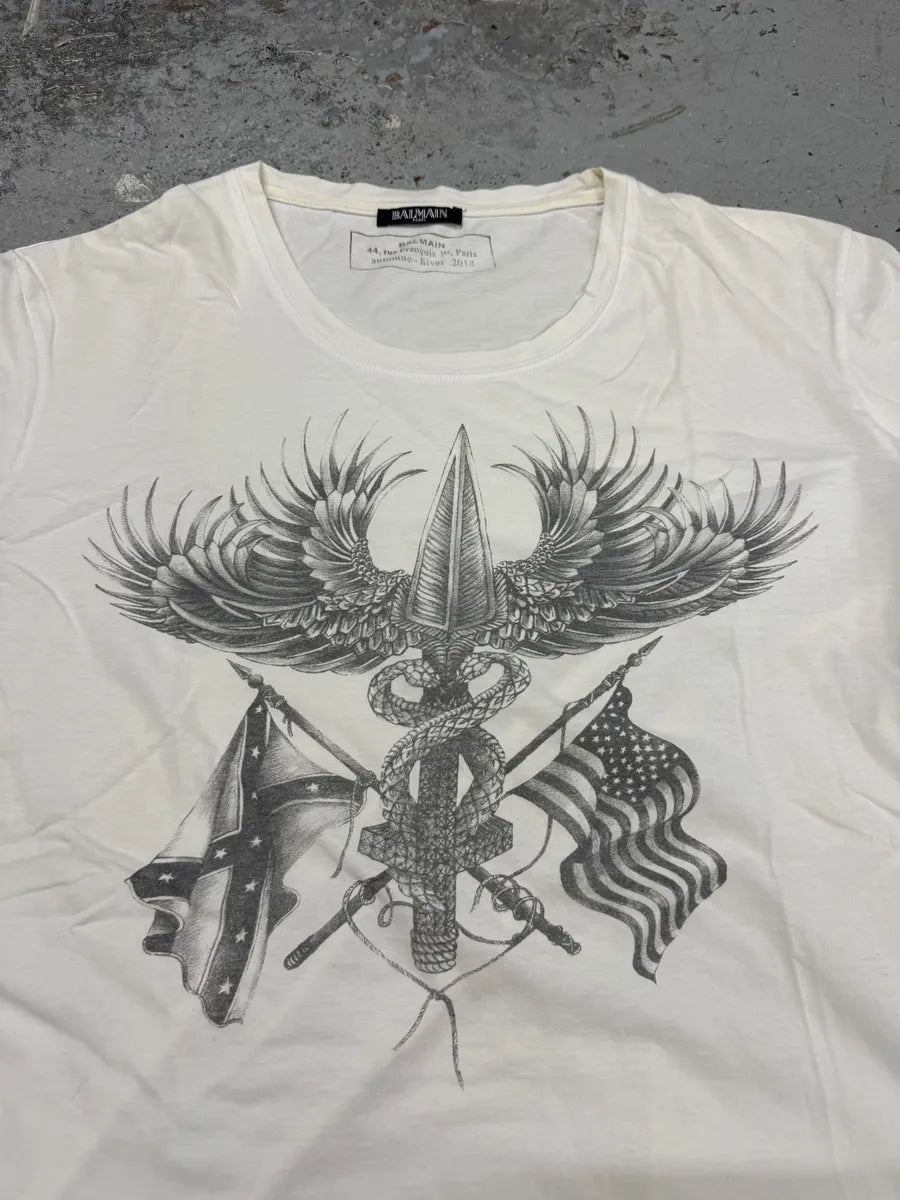 AW2014 Balmain Flags Wings White T-Shirt PNPdLqx 5