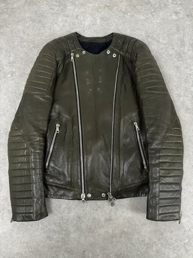 AW2014 Balmain Khaki Quilted Biker Leather Jacket  EhiXoMQ 0