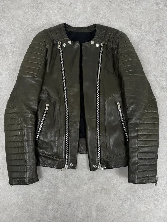AW2014 Balmain Khaki Quilted Biker Leather Jacket  EhiXoMQ 1