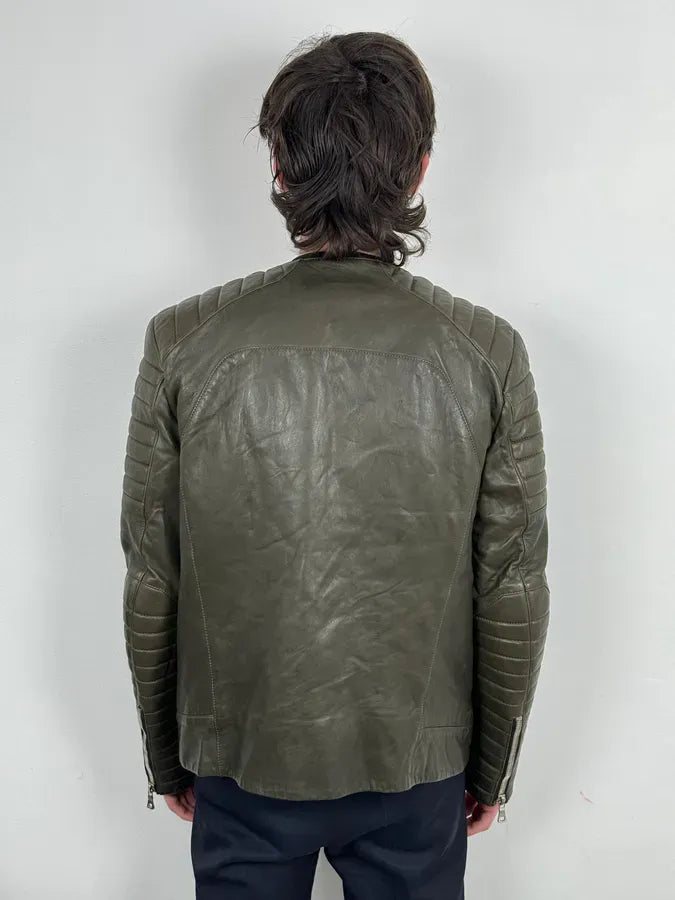 AW2014 Balmain Khaki Quilted Biker Leather Jacket  EhiXoMQ 3