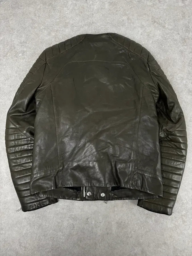 AW2014 Balmain Khaki Quilted Biker Leather Jacket  EhiXoMQ 4