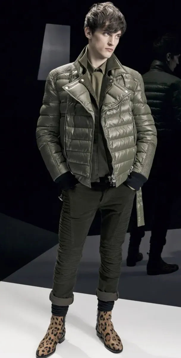 AW2014 Balmain Khaki Quilted Biker Leather Jacket  EhiXoMQ 5