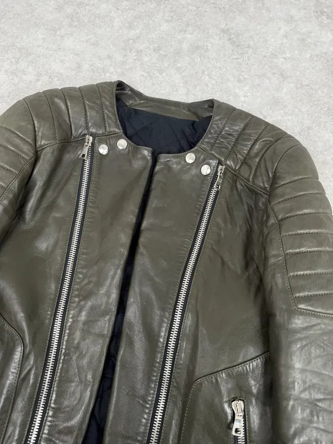 AW2014 Balmain Khaki Quilted Biker Leather Jacket  EhiXoMQ 6