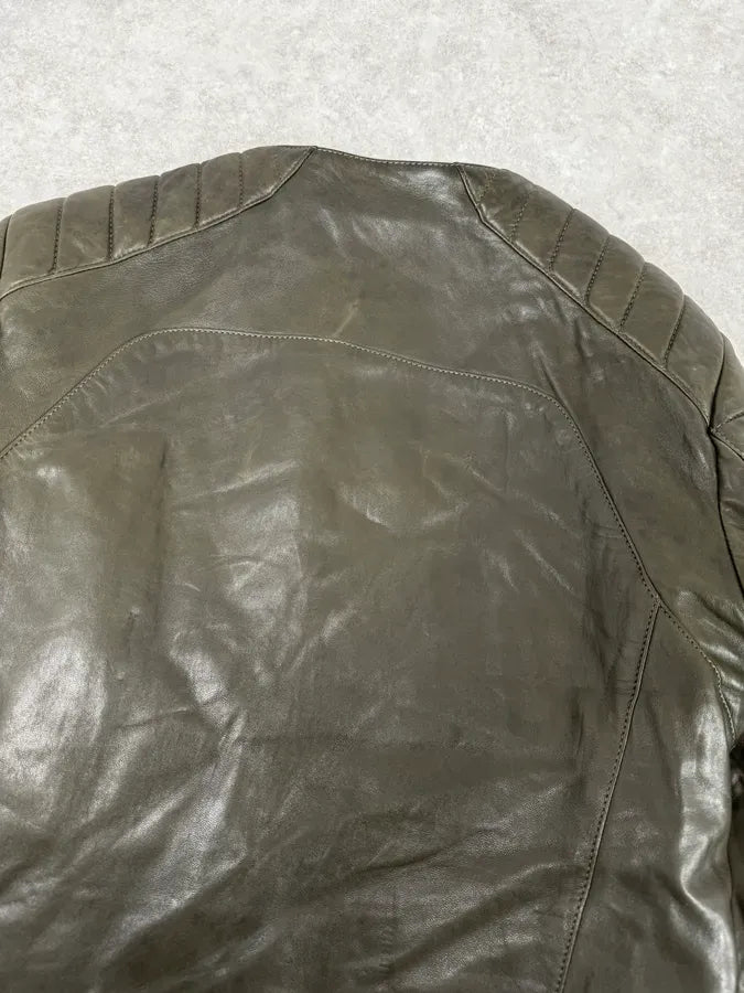 AW2014 Balmain Khaki Quilted Biker Leather Jacket  EhiXoMQ 8