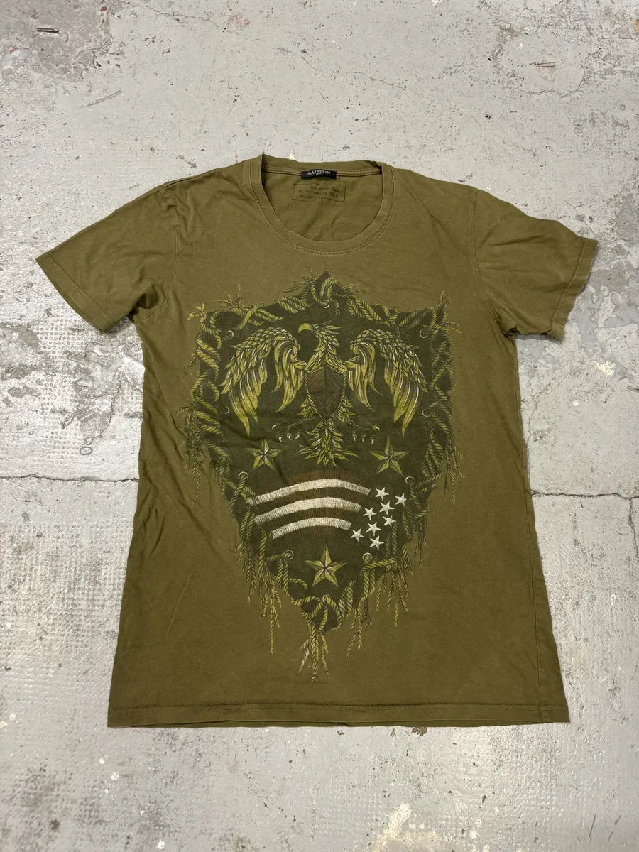 AW2014 Balmain Olive Green Eagle Dynastic T-Shirt HxvsCPo 0