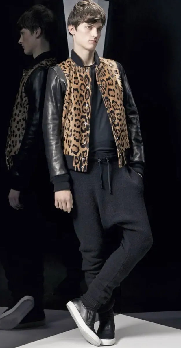 AW2014 Balmain Pony Hair Leopard Black Leather Bomber Jacket SesJtvt 1