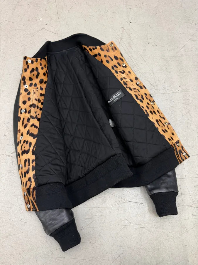 AW2014 Balmain Pony Hair Leopard Black Leather Bomber Jacket SesJtvt 8