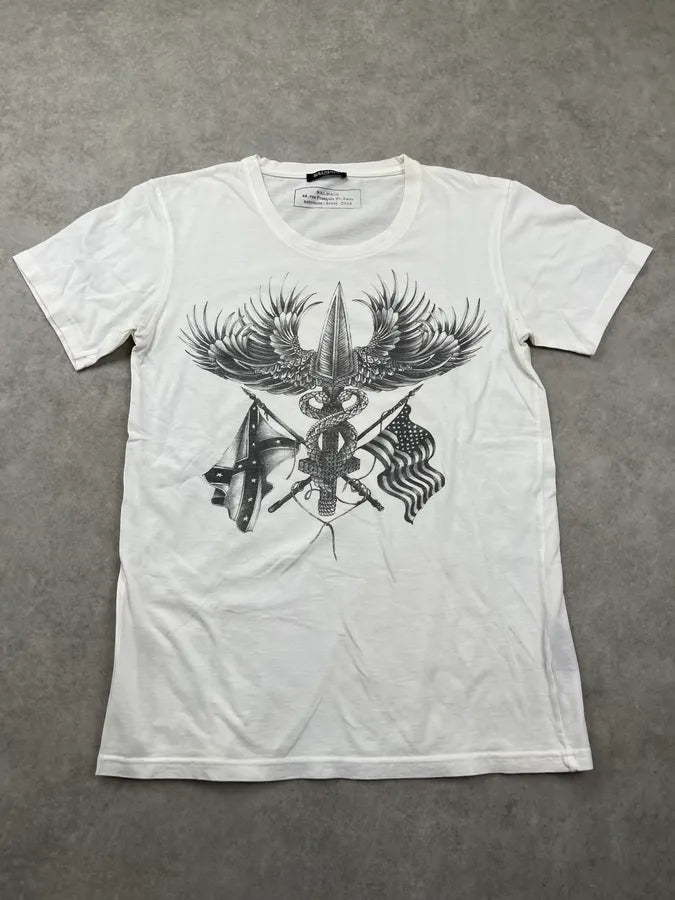 AW2014 Balmain Sword Flag White T-Shirt oxzGtYv 0