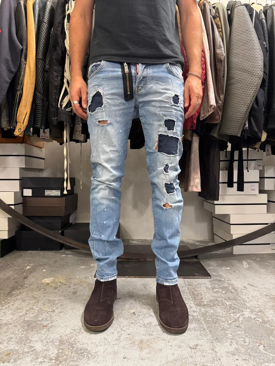 AW2014 DSquared2 Blue Distressed Patchwork Slim Denim Jeans jAxlbmN 0