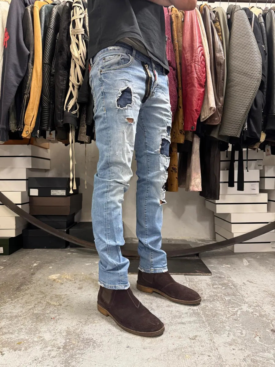 AW2014 DSquared2 Blue Distressed Patchwork Slim Denim Jeans jAxlbmN 1