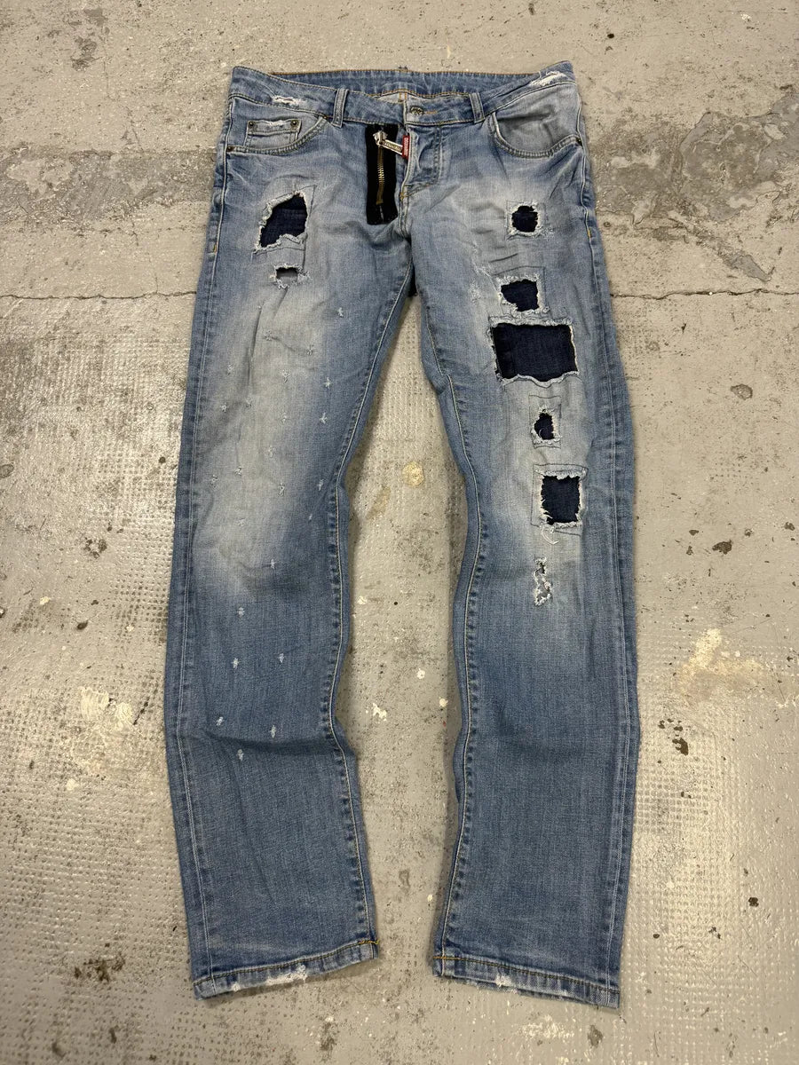 AW2014 DSquared2 Blue Distressed Patchwork Slim Denim Jeans jAxlbmN 3