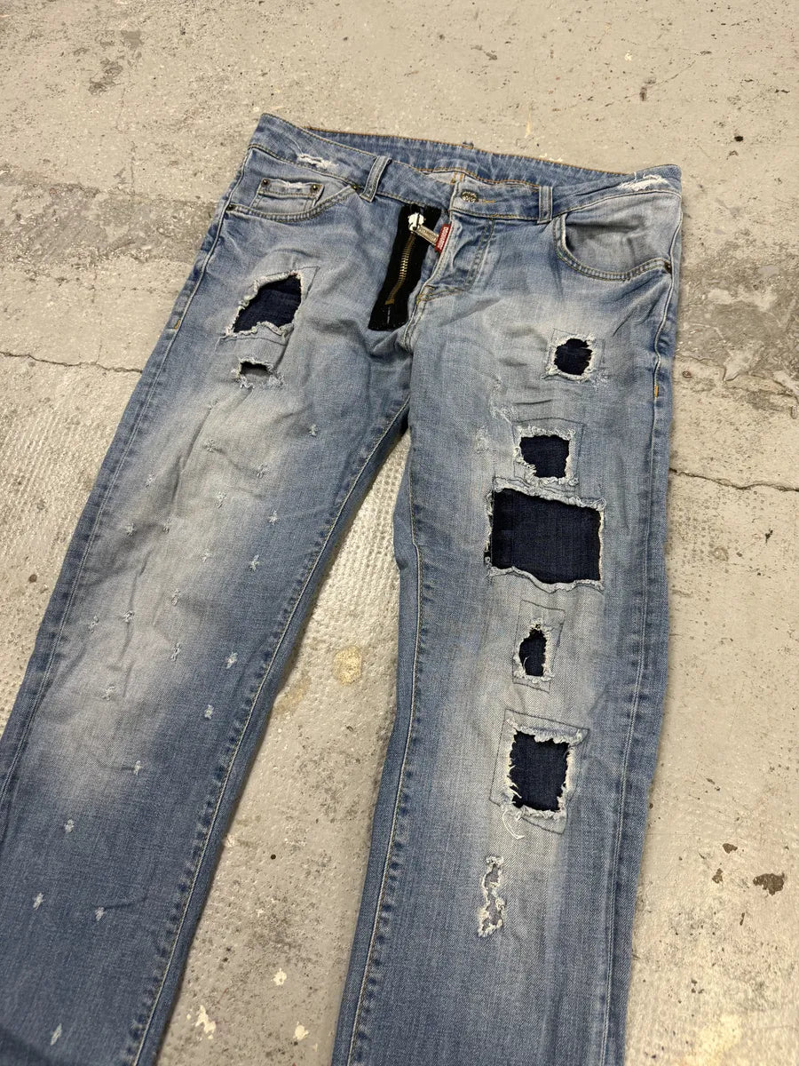 AW2014 DSquared2 Blue Distressed Patchwork Slim Denim Jeans jAxlbmN 7