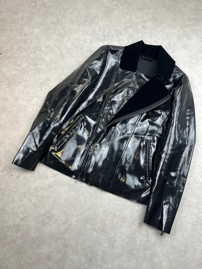SS2014 Emporio Armani Black Reflective Matrix Asymmetrical Leather Jacket PbPJvgB 4