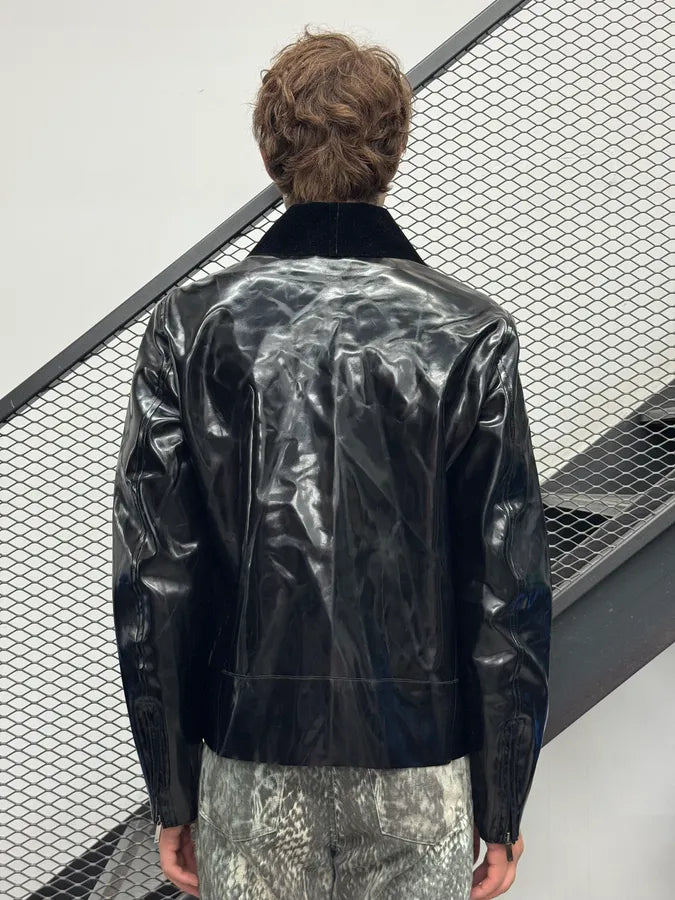 SS2014 Emporio Armani Black Reflective Matrix Asymmetrical Leather Jacket PbPJvgB 2
