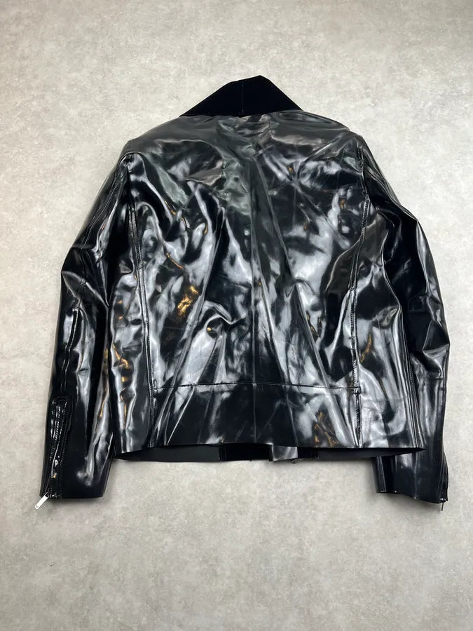 SS2014 Emporio Armani Black Reflective Matrix Asymmetrical Leather Jacket PbPJvgB 6
