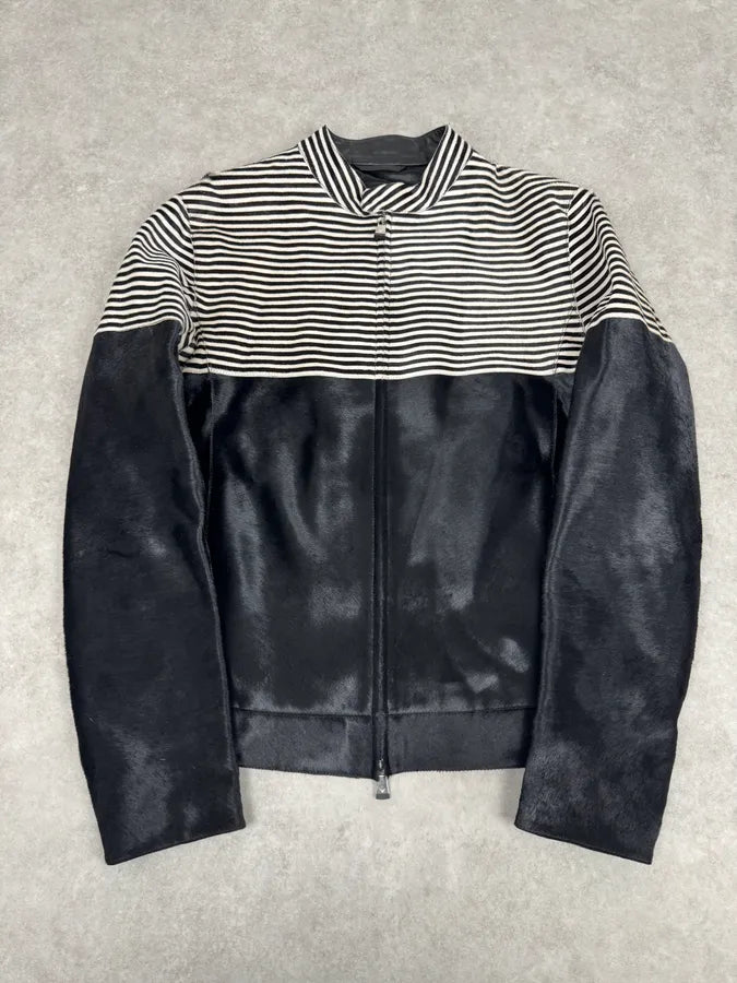 SS2015 Emporio Armani Black Pony Hair White Stripes Leather Biker Jacket CnEbnmi 0