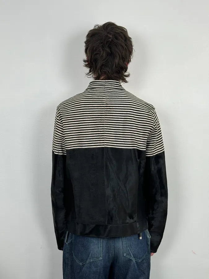 SS2015 Emporio Armani Black Pony Hair White Stripes Leather Biker Jacket CnEbnmi 3