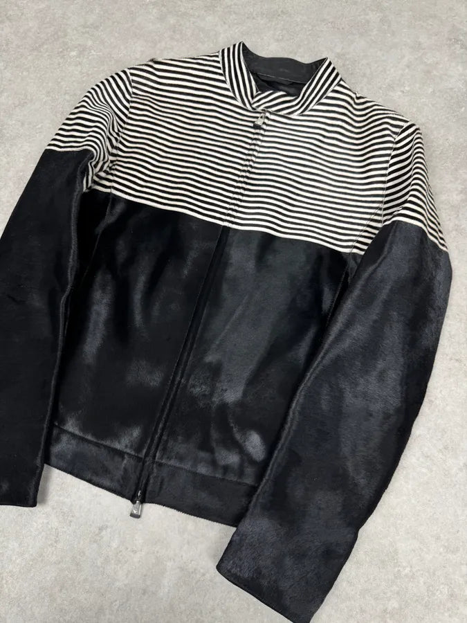 SS2015 Emporio Armani Black Pony Hair White Stripes Leather Biker Jacket CnEbnmi 4