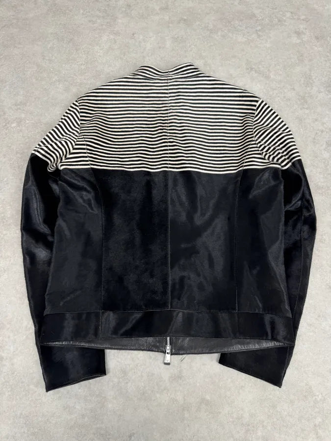 SS2015 Emporio Armani Black Pony Hair White Stripes Leather Biker Jacket CnEbnmi 5