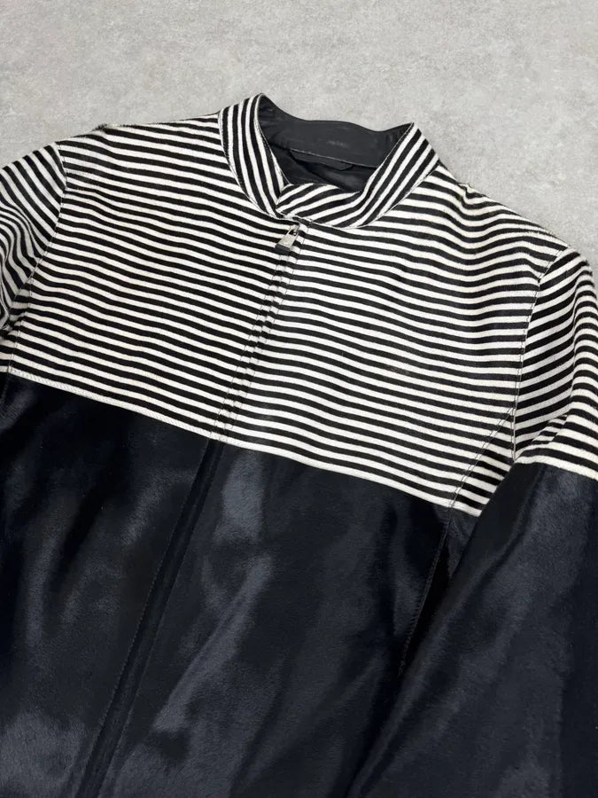 SS2015 Emporio Armani Black Pony Hair White Stripes Leather Biker Jacket CnEbnmi 6
