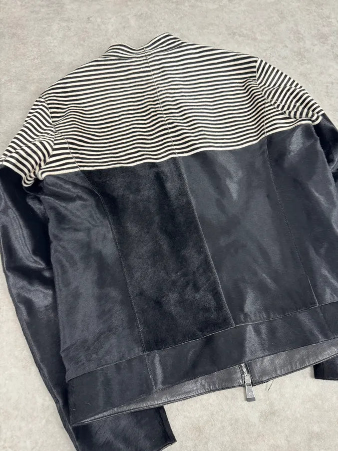 SS2015 Emporio Armani Black Pony Hair White Stripes Leather Biker Jacket CnEbnmi 10
