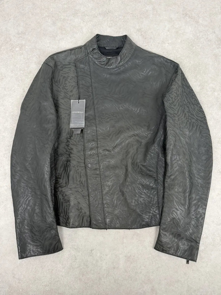 AW2014 Emporio Armani Relief Zebra Asymmetrical Biker Black Leather Jacket NZFwKwU 0