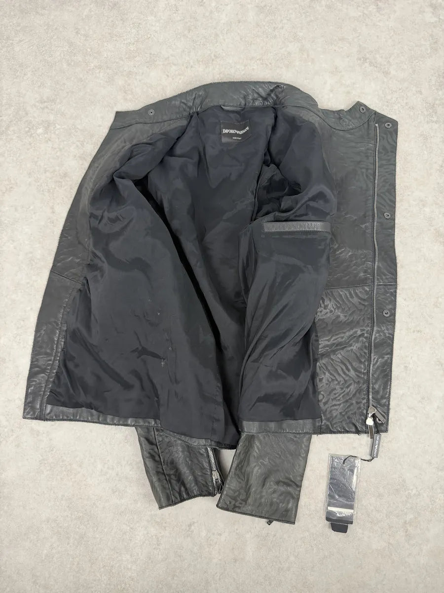 AW2014 Emporio Armani Relief Zebra Asymmetrical Biker Black Leather Jacket NZFwKwU 10