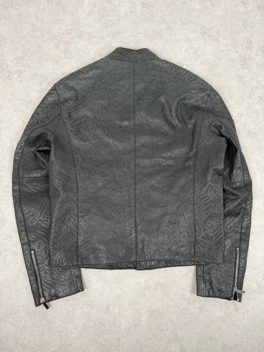 AW2014 Emporio Armani Relief Zebra Asymmetrical Biker Black Leather Jacket NZFwKwU 2