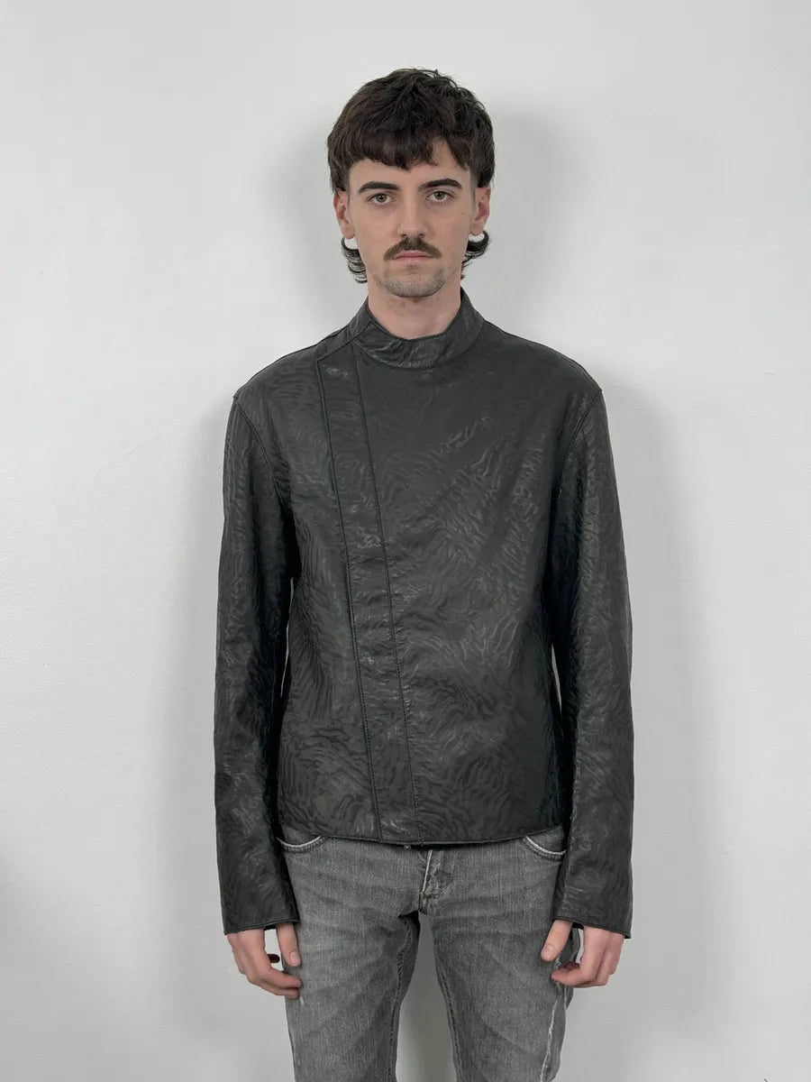 AW2014 Emporio Armani Relief Zebra Asymmetrical Biker Black Leather Jacket NZFwKwU 3