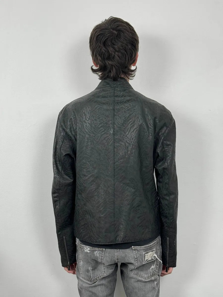 AW2014 Emporio Armani Relief Zebra Asymmetrical Biker Black Leather Jacket NZFwKwU 4