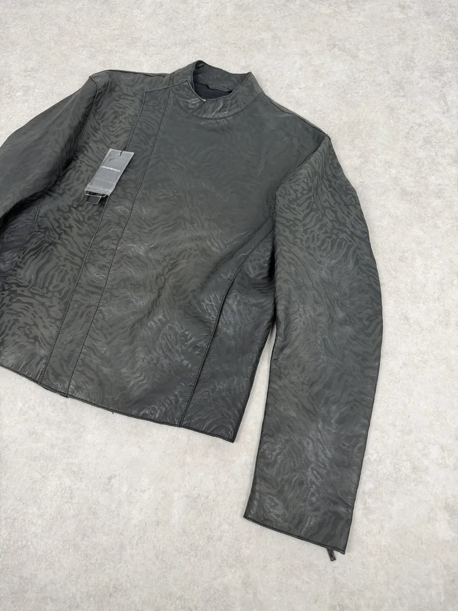 AW2014 Emporio Armani Relief Zebra Asymmetrical Biker Black Leather Jacket NZFwKwU 5