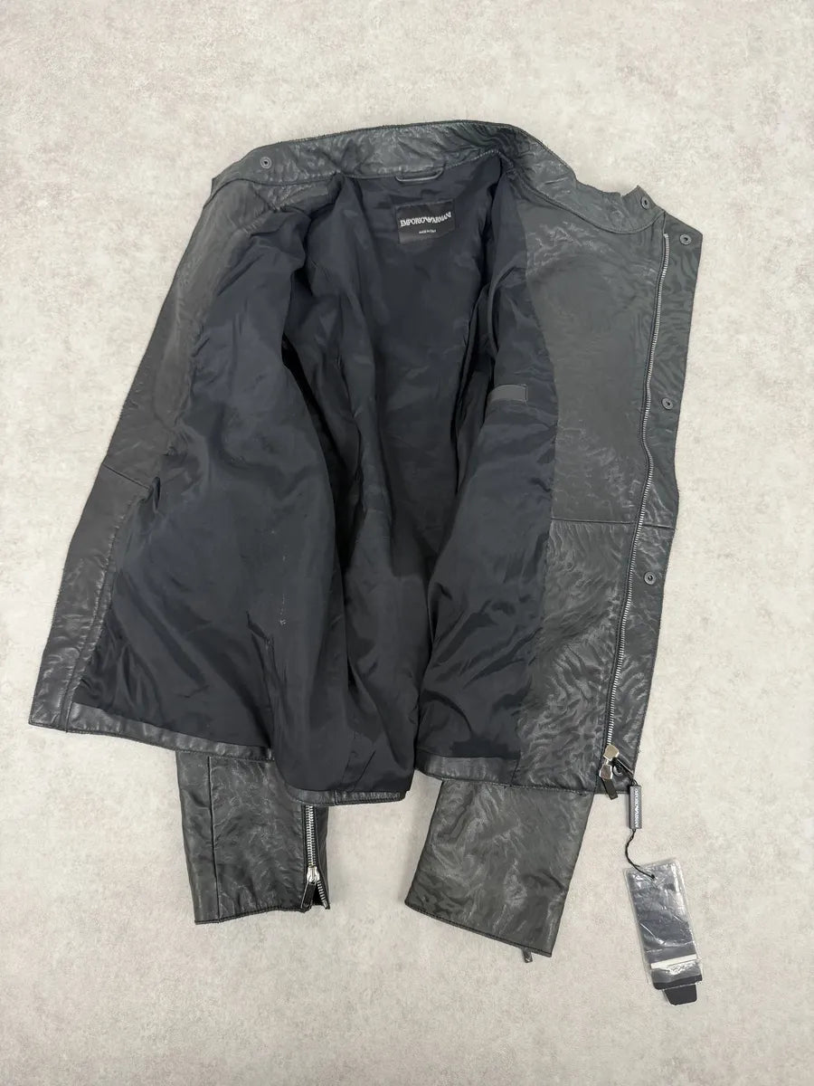 AW2014 Emporio Armani Relief Zebra Asymmetrical Biker Black Leather Jacket NZFwKwU 6