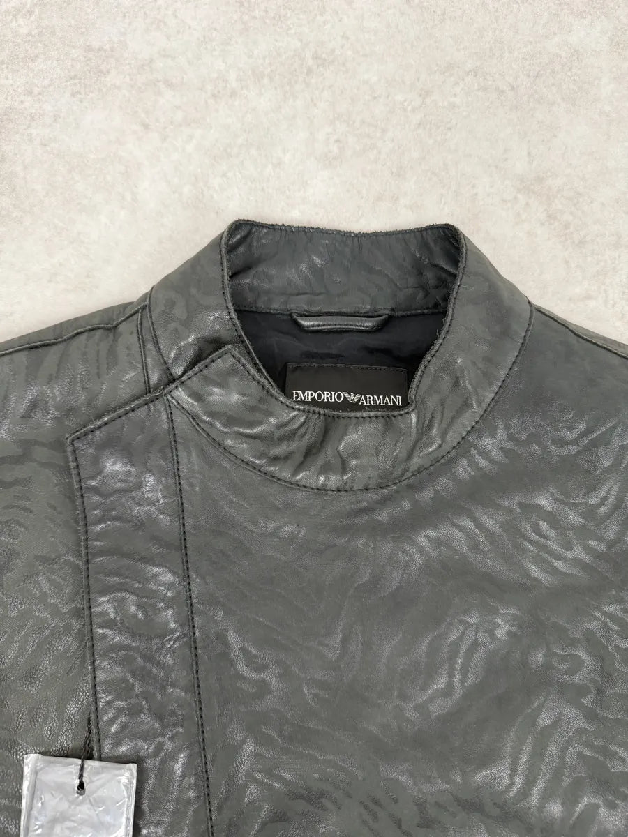 AW2014 Emporio Armani Relief Zebra Asymmetrical Biker Black Leather Jacket NZFwKwU 8