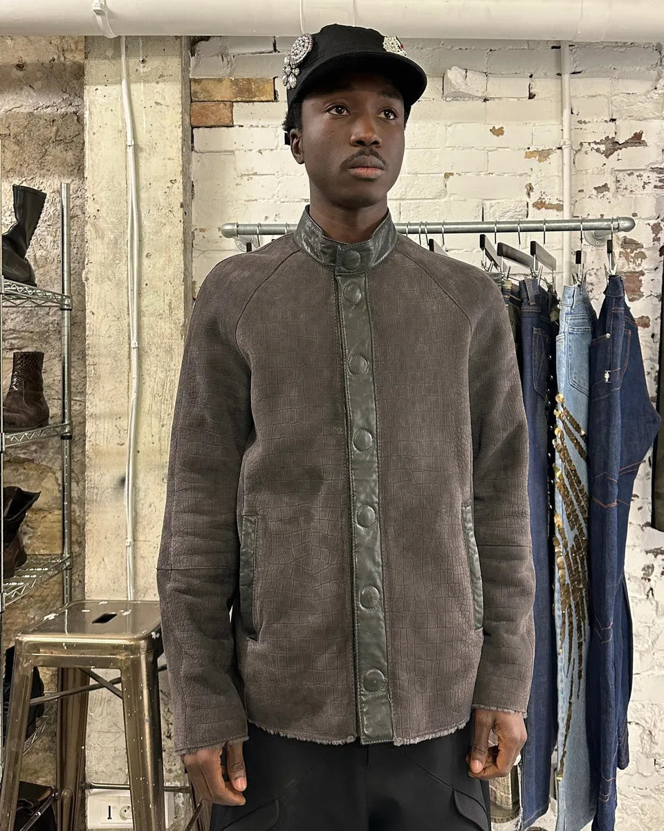 AW2014 Giorgio Armani Brown Crocodile Effect Lamb Shearling Fur Jacket nKrbqRo 1