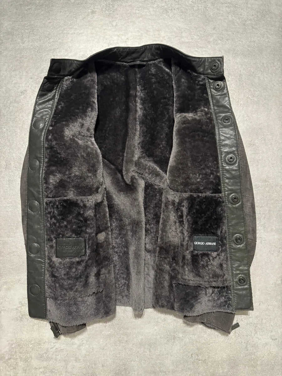 AW2014 Giorgio Armani Brown Crocodile Effect Lamb Shearling Fur Jacket nKrbqRo 2