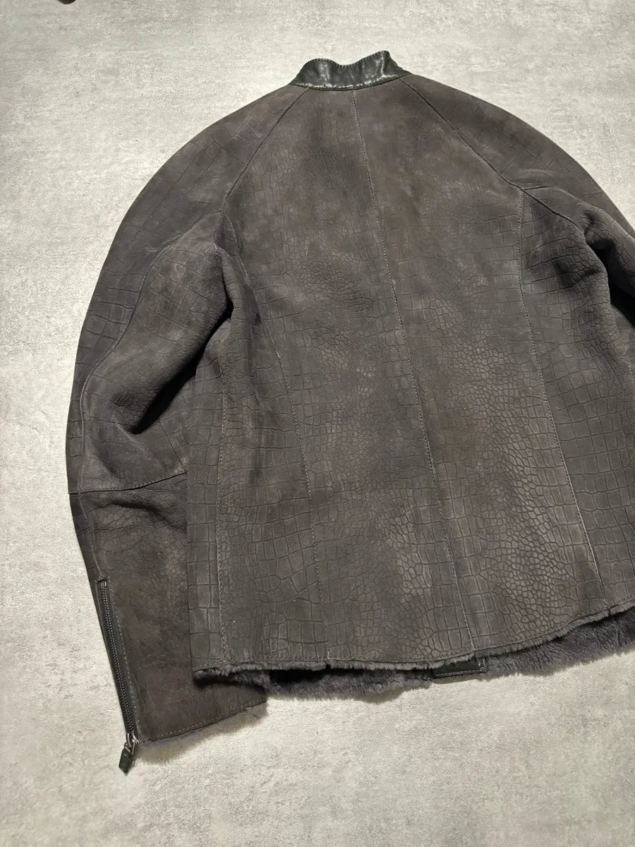 AW2014 Giorgio Armani Brown Crocodile Effect Lamb Shearling Fur Jacket nKrbqRo 7