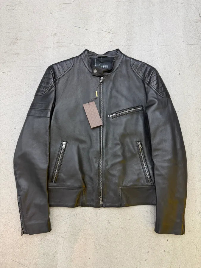 AW2014 Gucci Black Padded Leather Wool Biker Jacket qZcDefg 0